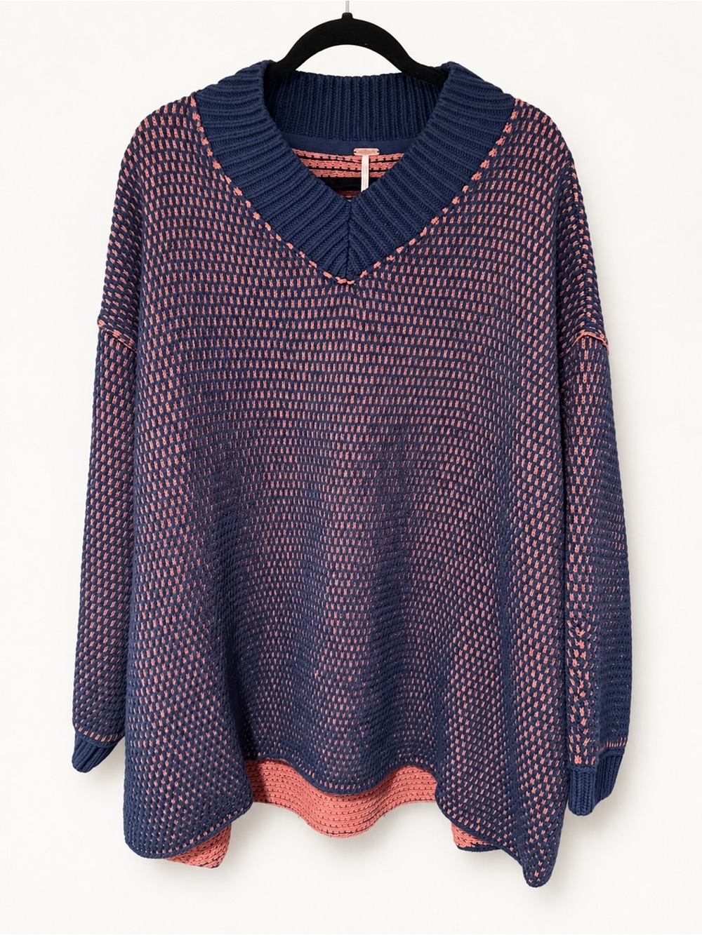 Free People Two-Tone Navy and Coral V-Neck Sweater